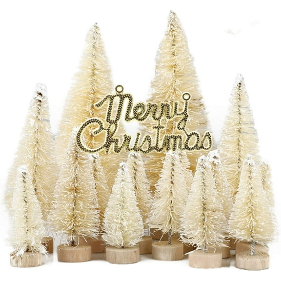 49PCS White Artificial Mini Christmas Tree Set Miniture Pine Trees Sisal Trees Snow Frost Ornaments with Wooden Bases Plastic Bottle Brush Trees Tabletop Trees for Crafts DIY