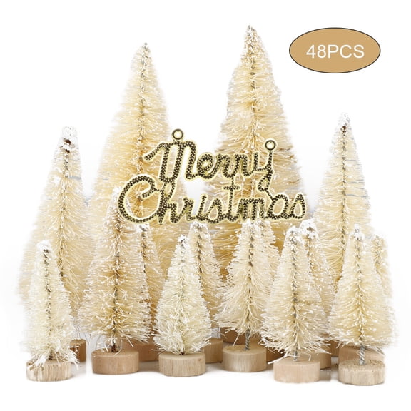 49Pcs Mini Pine Trees Frosted Sisal Trees with Wood Base Snow Ornaments Tabletop Trees Decoration