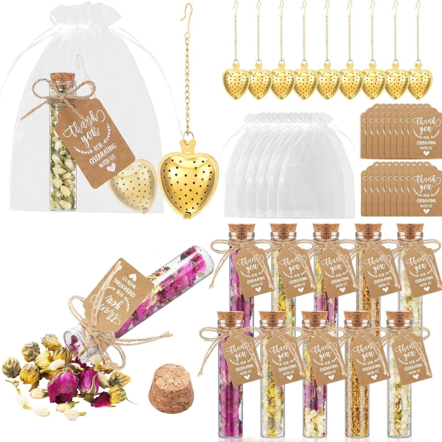 49Pcs Tea Party Favors Set with 12 Gold Heart Tea Infusers Glass 12 Bottles 12 Gift Tags 12 Organza Bags 1 Rope, Bulk Wedding Bridal Shower Guest Gifts DIY Tea Gift Set Party Decorations