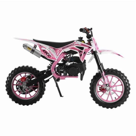 49cc 2-Stroke Gas Powered Mini Dirt Bike for Kids, Off Road Motorcycle with Front Rear Disc Brakes, 10 Inch Inflatable Tires, Pull Start for Ages 6-12 (Pink)
