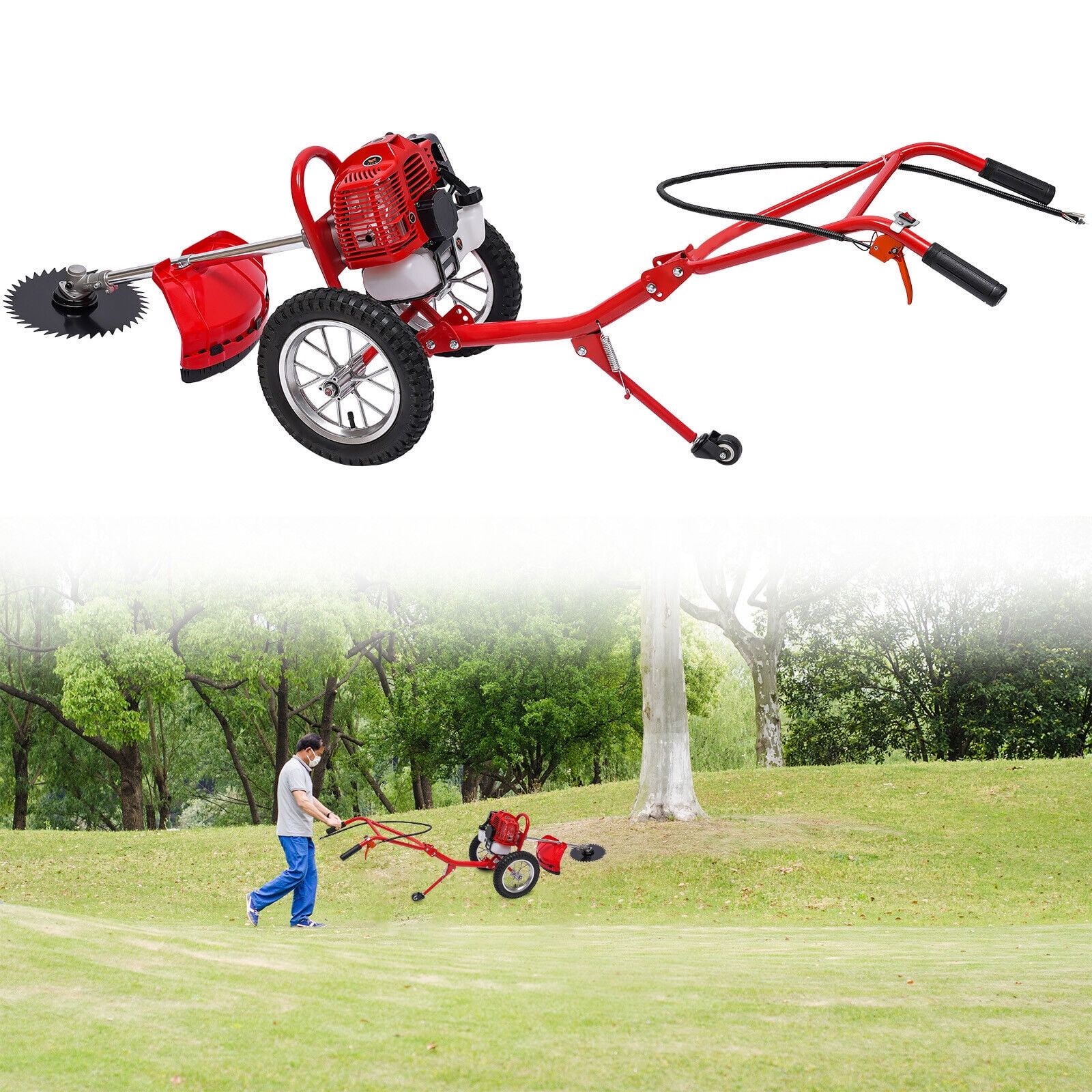 49cc 2-Stroke Hand Push Lawn Mower Gas Powered 3-in-1 Walk-Behind Lawn Mower for Mountains, Hills, Plains