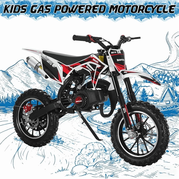 49cc 2-Stroke Kids Dirt Bike, Dirt Bike Gas, Motorcycle with Front/Rear Disc Brakes, Shock Absorption, Off-Road Tires, Soft Seat Cushion, Mini Dirt Bike for Kids 8-14
