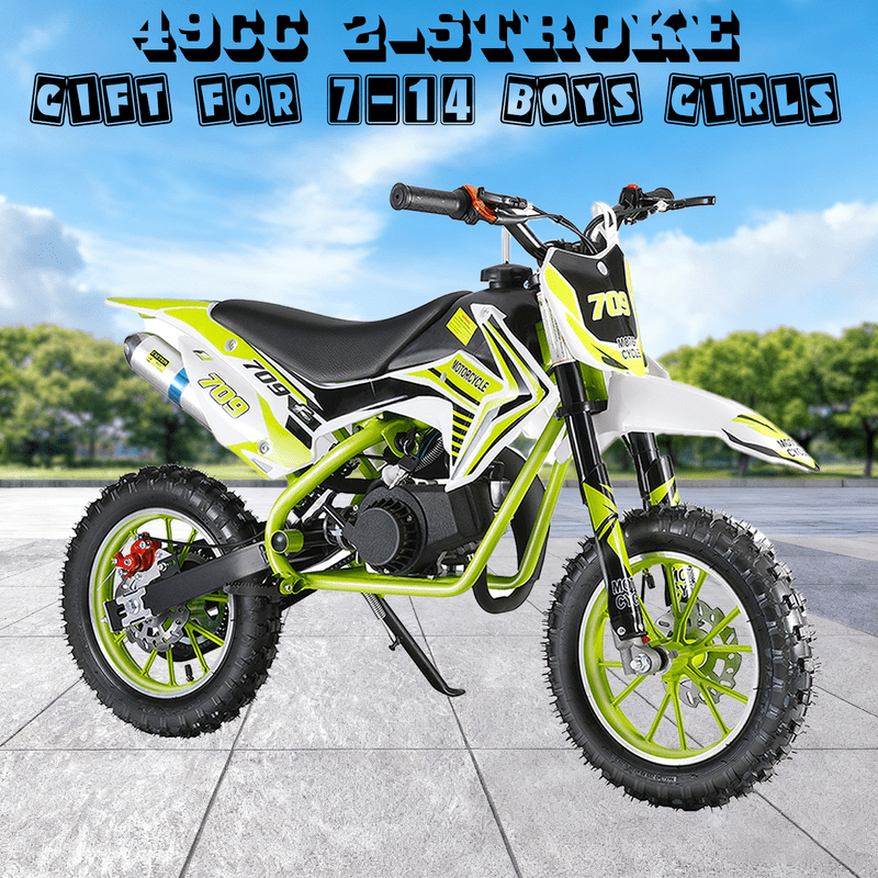 49cc 2-Stroke Kids Dirt Bike, Dirt Bike Gas, Motorcycle with Front/Rear Disc Brakes, Shock Absorption, Off-Road Tires, Soft Seat Cushion, Mini Dirt Bike for Kids 8-14