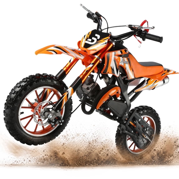 49cc 2-Stroke Kids Dirt Bike, Gas Powered Mini Dirt Bike for Boys and Girls 5-13, Motorcycle with 25mph Max Speed, 2.5-10" Off Road Tires, Front and Rear Suspension & Dual Disc Brakes, Orange