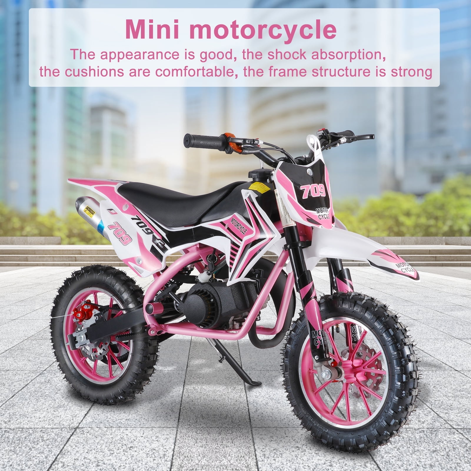 49cc 2-Stroke Kids Dirt Bike, Gas-Powered Mini Motocross Motorcycle, 10" Off-Road Tires, Front & Rear Disc Brakes, Max Speed 30KM/H, 150kg Load Capacity (Pink)
