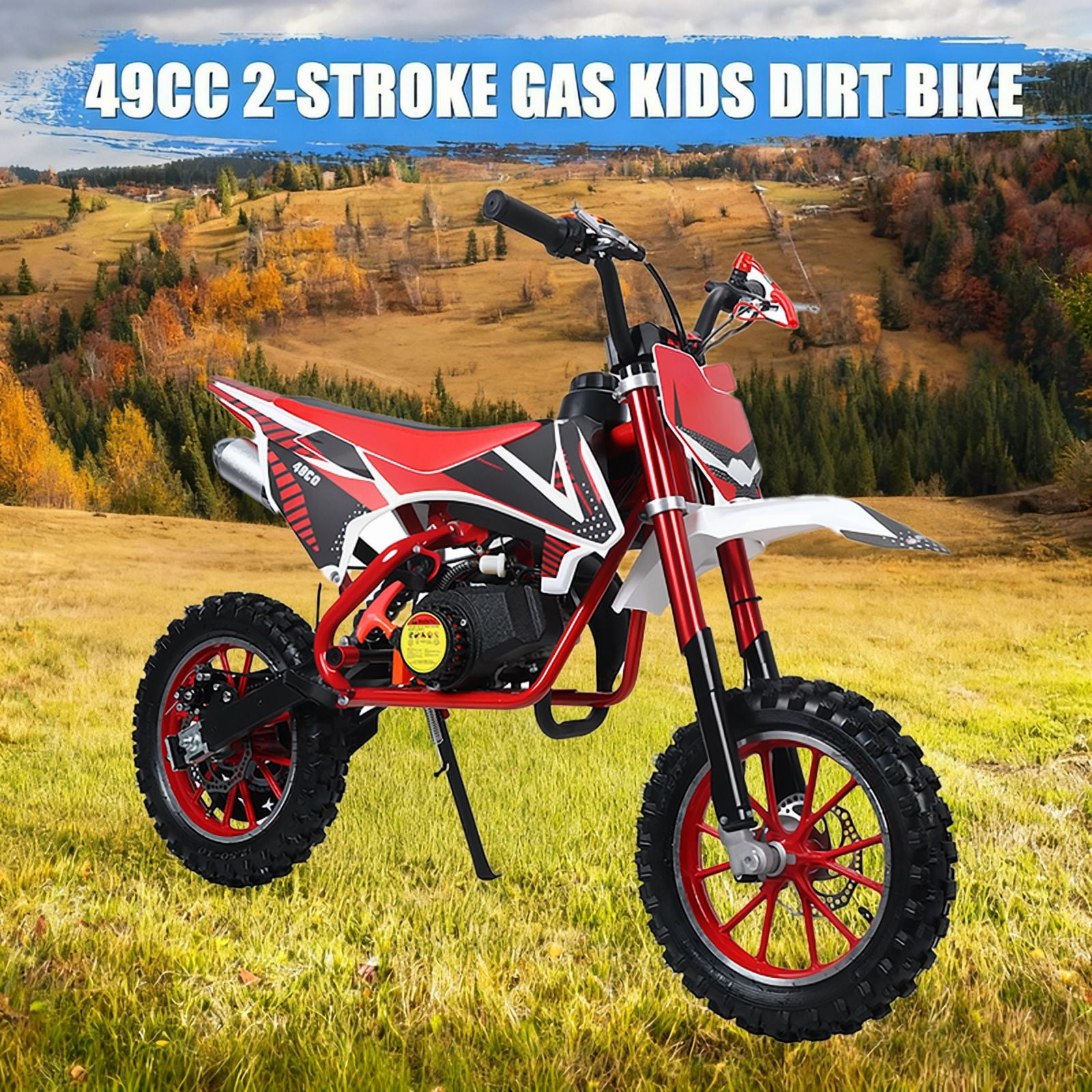49cc Dirt Bike for Kids & Adults, 2-Stroke Mini Bike with Off Road Tires, Front & Rear Disc Brakes, Pull Start Pit Bike, 25MPH Maximum Speed