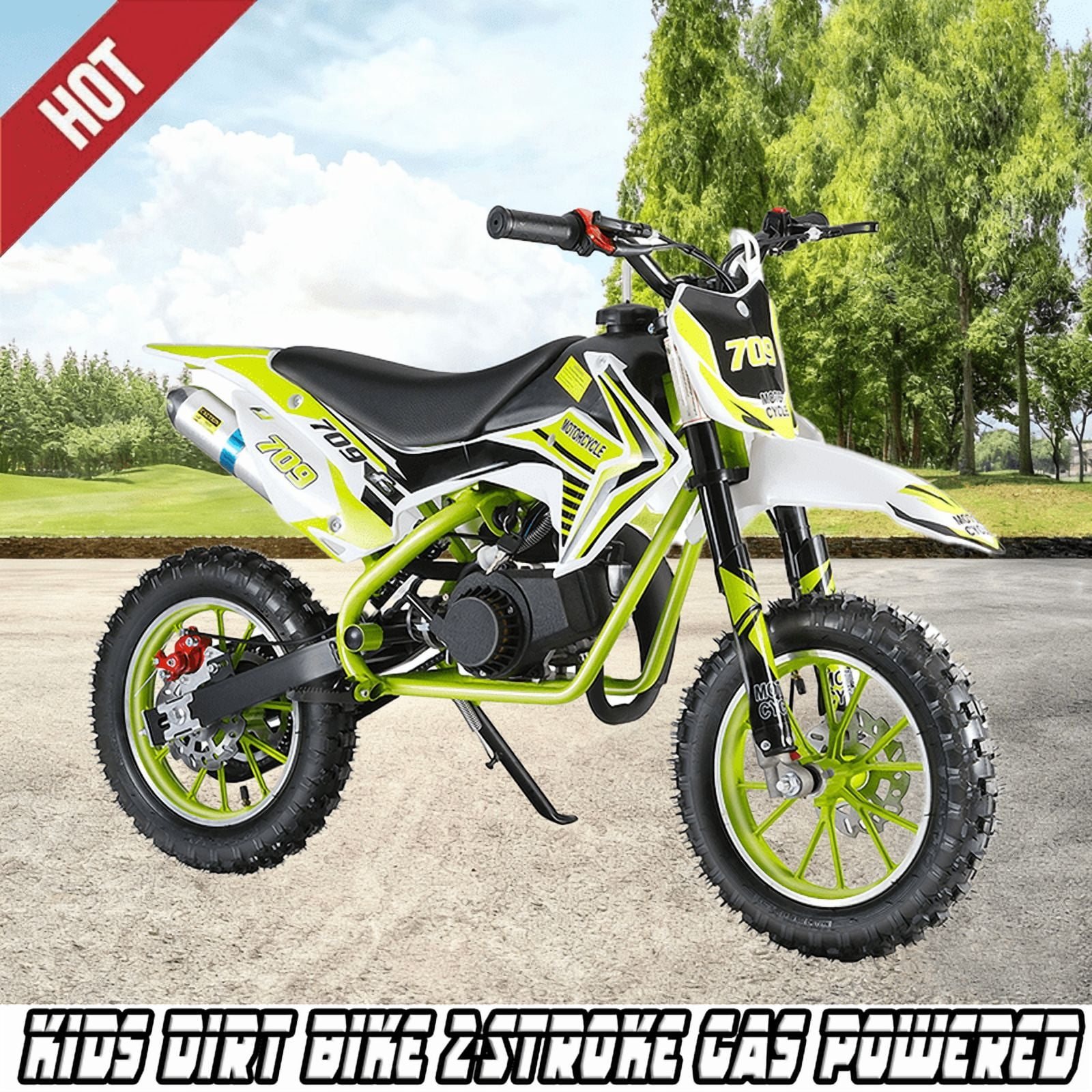 49cc Kids Dirt Bike, 2-Stroke Gas Powered Mini Motocross Motorcycle for Ages 6-12, Off-Road Dirtbike with Dual Disc Brakes, Shock Absorption, 10-Inch Tires, Max Speed 40KM/H, Supports 220 LBS