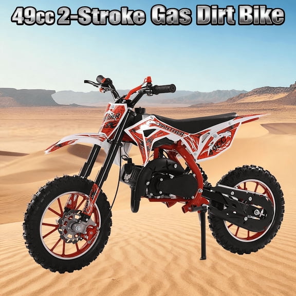 49cc Kids Dirt Bike - 2-Stroke Mini Motorcycle with Front and Rear Disc Brakes, Motorcycles for Kids Gas, Shock Absorption, Soft Seat Cushion and Off Road Tires for Kid and Teen