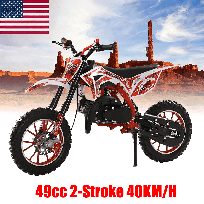 49cc Kids Dirt Bike - 2-Stroke Mini Motorcycle with Front and Rear Disc Brakes, Motorcycles for Kids Gas, Shock Absorption, Soft Seat Cushion and Off Road Tires for Kid and Teen