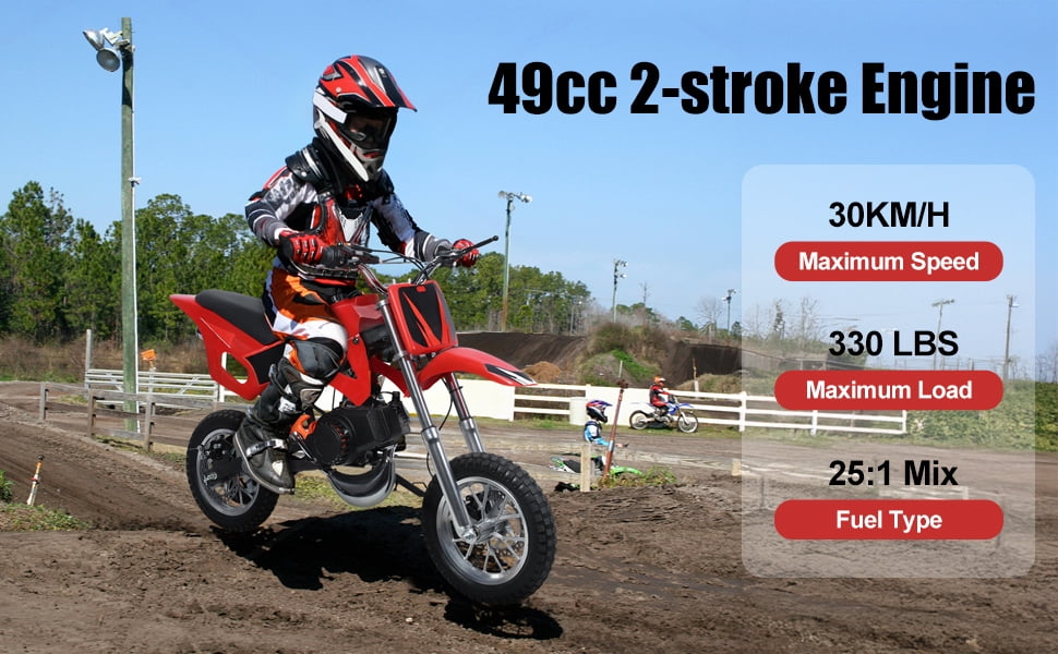 49cc Kids Dirt Bike Gas Powered 2-Stroke Engine, Max Speed 40km/h, Bearing 100kg, Children Pocket Motorbike with Disc Brakes