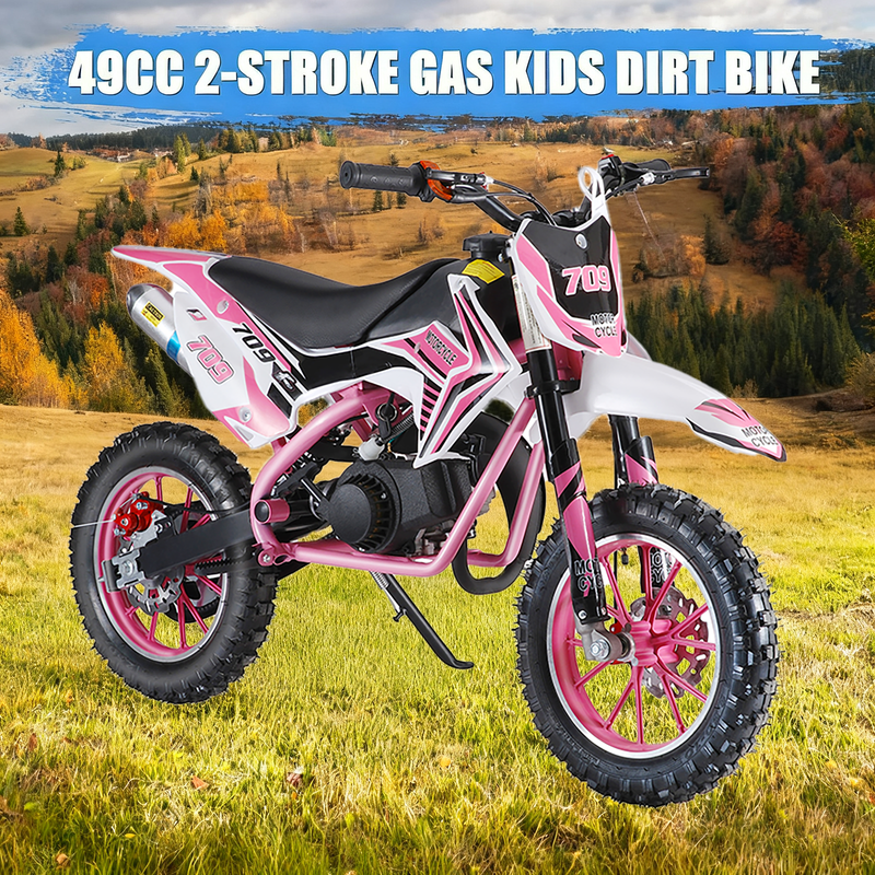 49cc Kids Dirt Bike, Gas Powered 2-Stroke Mini Motocross Motorcycle, Off-Road Dirtbike for Kids 6-12 with Front/Rear Disc Brakes, Shock Absorption, Soft Seat Cushion