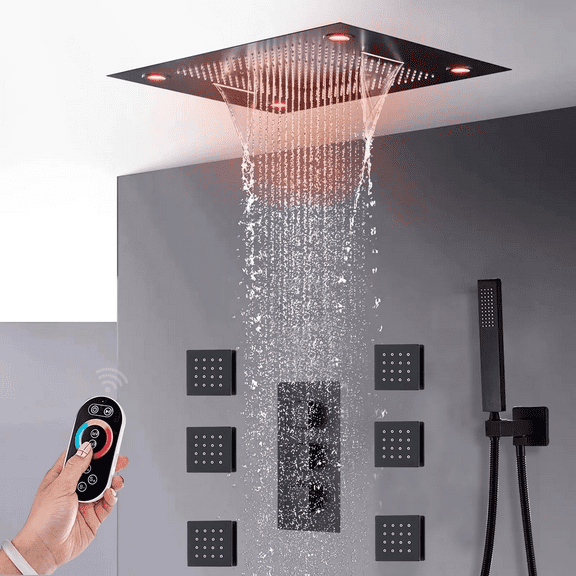 49cm&35cm LED Rain Thermostatic Shower Faucet System 6 Body Sprays Jets Black shower faucet