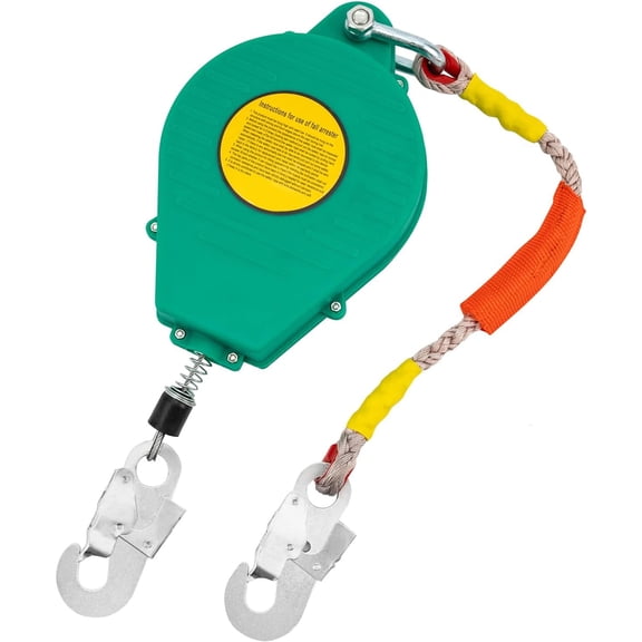 49ft/15M Self Retracting Lifeline, Heavy Duty 330lbs Retractable Safety Fall Arrester with Alloy Steel Self-Locking Hook & Aviation Wire Rope for Construction Roofing and Industrial Work (Green)
