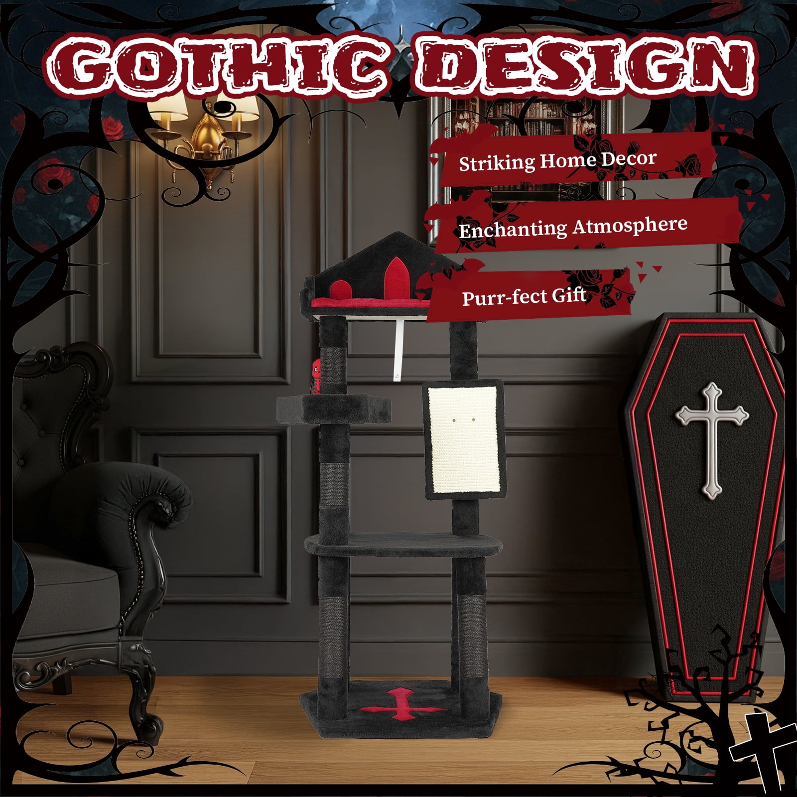 49in Gothic Cat Tree with Royal Throne Bed & Coffin-Shaped Perch, Black-Red Gothic Cat Tower with Scratching Posts & Alien Hanging Toy, Durable Sisal Scratching Posts