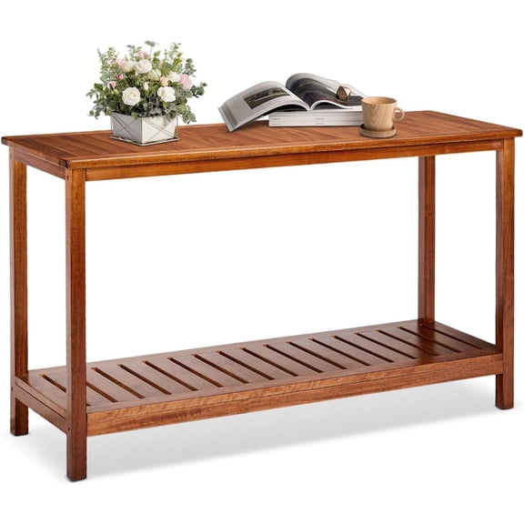 49in Solid Wood Outdoor Console Table, 2-Shelf Wooden Outdoor Accent Plant Table Multifunctional Buffet Bar Storage Organizer for Indoor Patio Porch and Entryway (Natural)