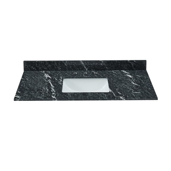 49x22 Inch Bathroom Vanity Top, Premium Thunder Black Granite with Undermount Porcelain Sink, 0.75" Thick (") and 4" High Backsplash, Pre-Drilled 8" Widespread Faucet Holes
