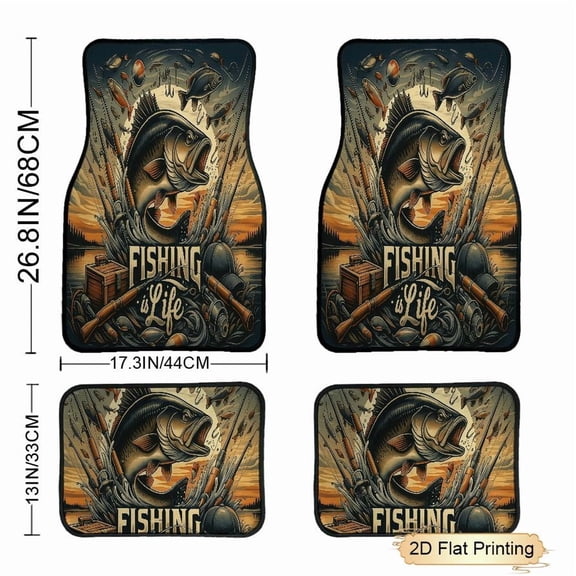 4-Piece Fishing Theme Big Fish Car Floor Mat Set for Cars and Trucks