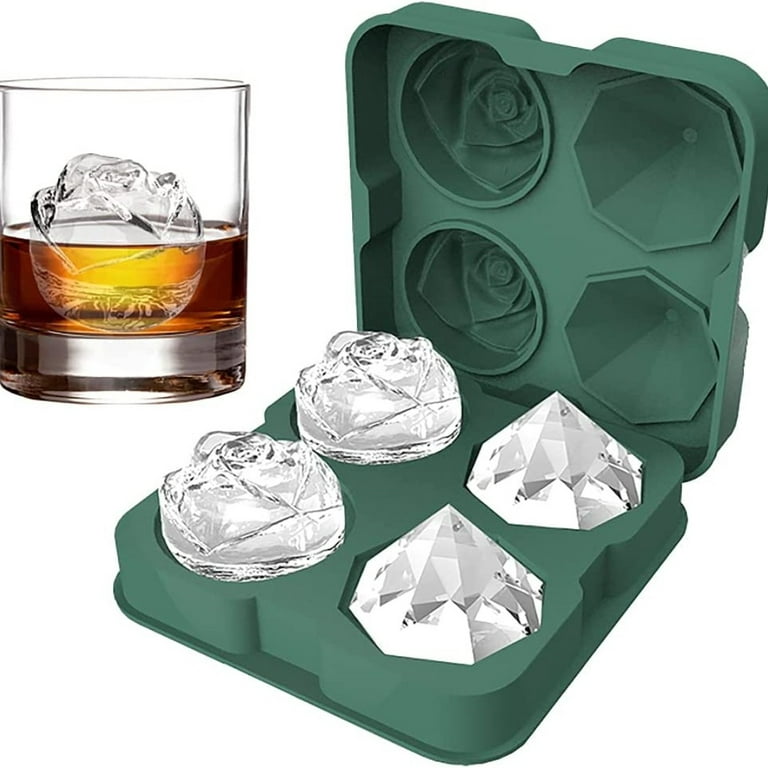 4ALL Ice Cube Trays Silicone Whiskey Sphere Ice Ball Maker,2 Rose & 2  Diamond Ice Cube Moulds for Cocktails 