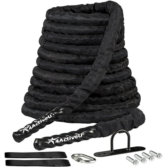 4ActiveU Battle Rope 50ft Length Heavy Battle Exercise Training Rope Workout Rope Fitness Rope for Strength Training Home Gym Outdoor Cardio Workout, Anchor Included 1.5 Inch Diameter