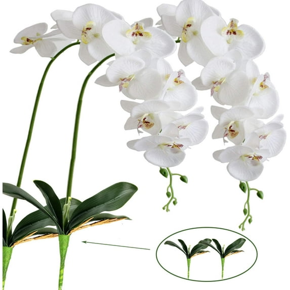 4Artificial Silk Phalaenopsis Flowers Pcs with Leaves Artificial Orchid Flowers Stem Plants in White Fake Butterfly Phalaenopsis Flowers for Home Wedding Party Décor (Large)