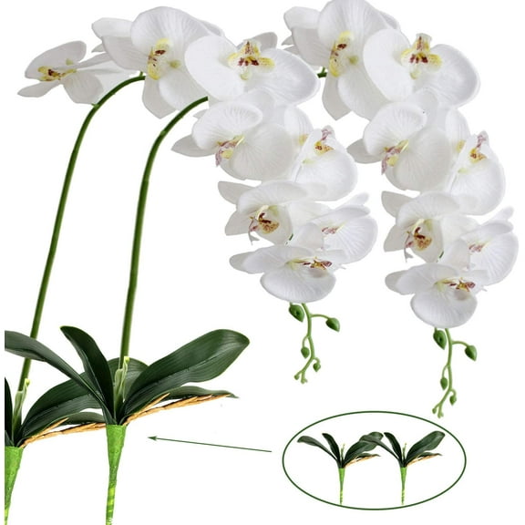 4Artificial Silk Phalaenopsis Flowers Pcs with Leaves Artificial Orchid Flowers Stem Plants in White Fake Butterfly Phalaenopsis Flowers for Home Wedding Party Dcor (Large)