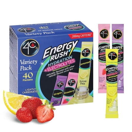 4C Energy Rush PSD with Electrolytes Variety Pack Stix, 40 ct (14 Lemonade, 12 Strawberry/14 Grape)