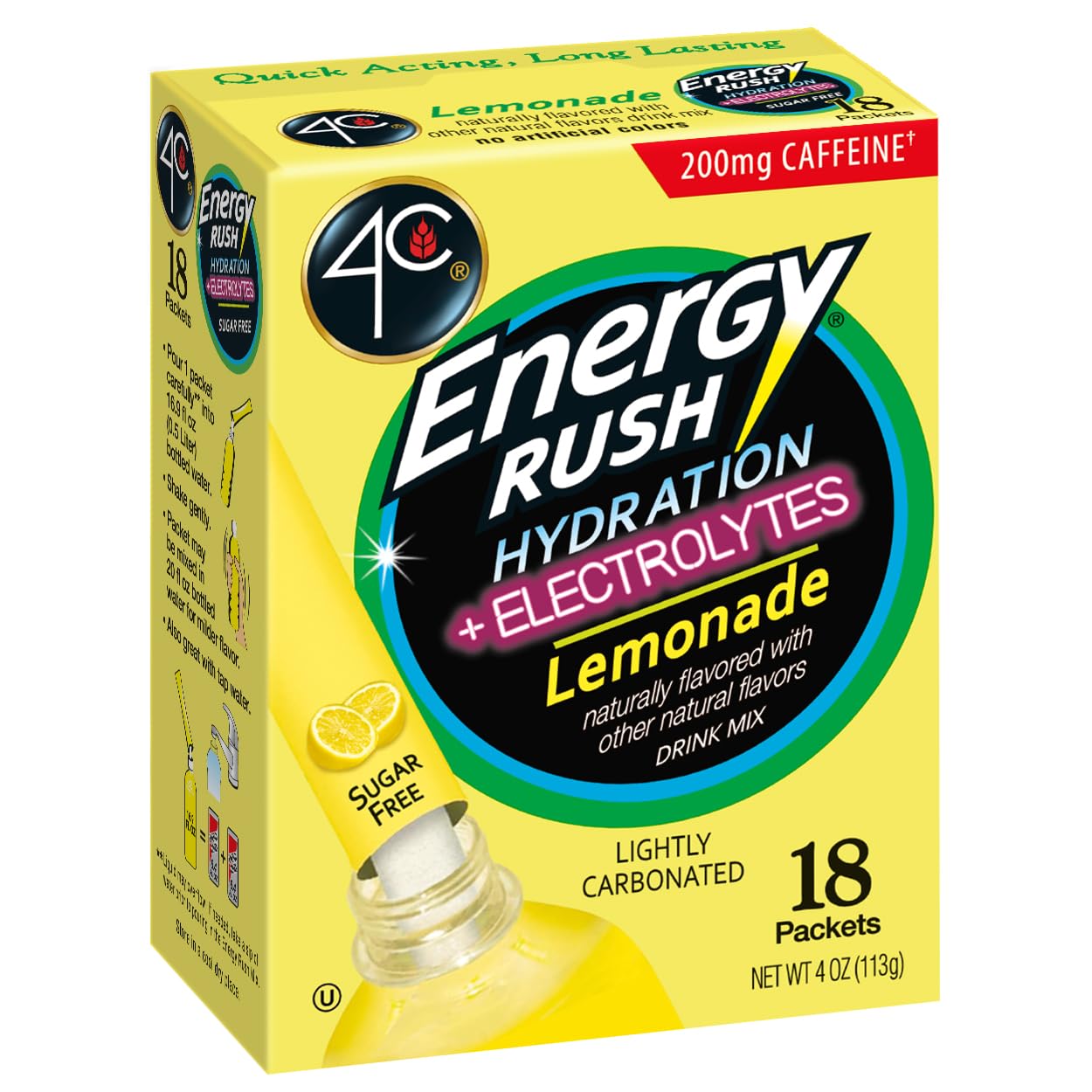 4C Energy Rush Psd With Electrolytes, Lemonade 1 Pack, 18 Count, Single Serve Water Flavoring