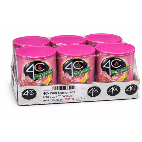 4C Pink Lemonade Powdered Drink Mix, Makes 9 Quarts Each, 18.6 oz Canisters, 6 Pack