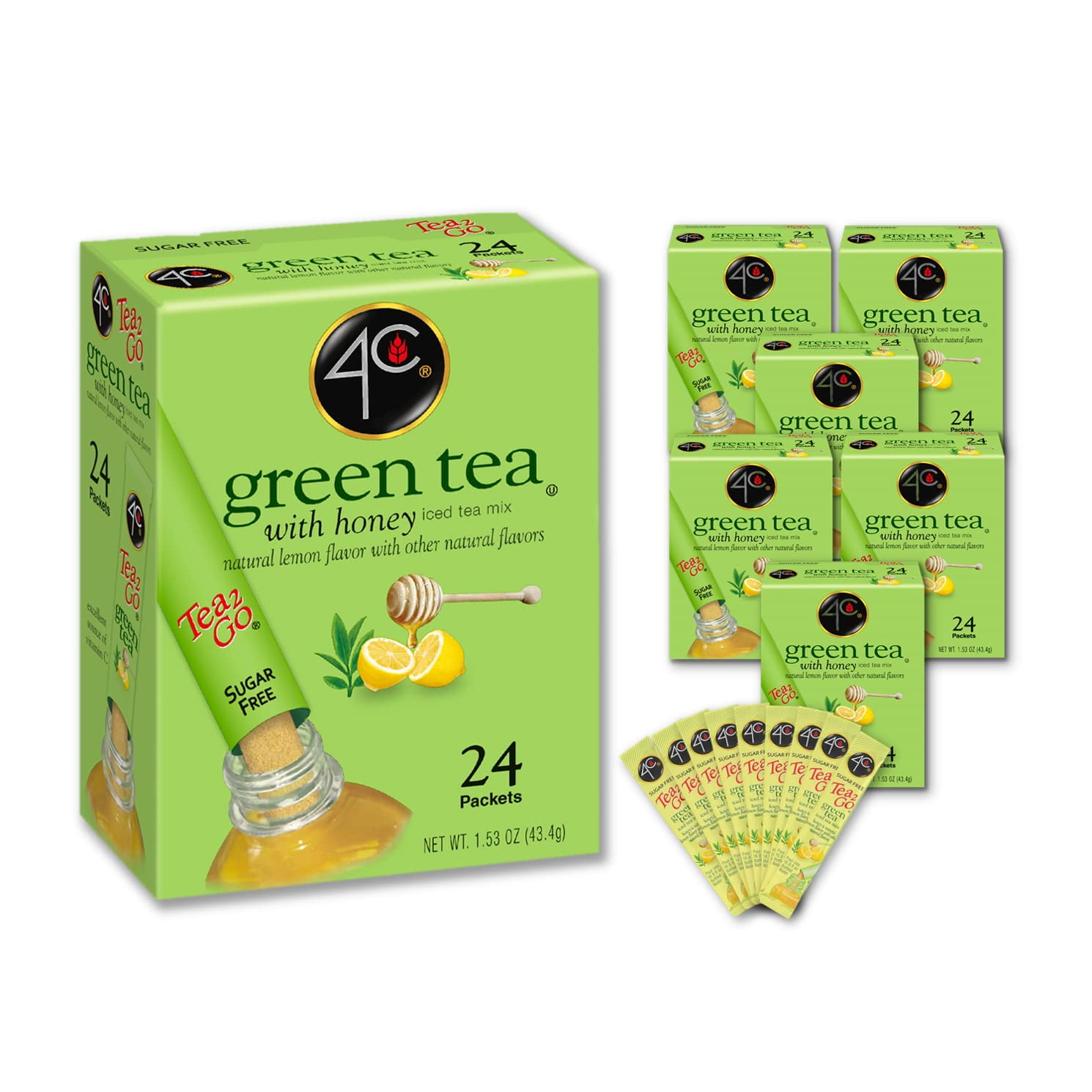 4C Powder Drink Mix Packets, Green Tea, 24 Count, Singles Stix On the