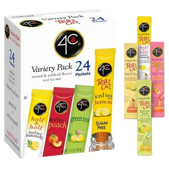 4C Powder Drink Mix Packets, Iced Tea Variety 1 Pack, 24 Count, Singles Stix On The Go, Refreshing Sugar Free Water Flavorings