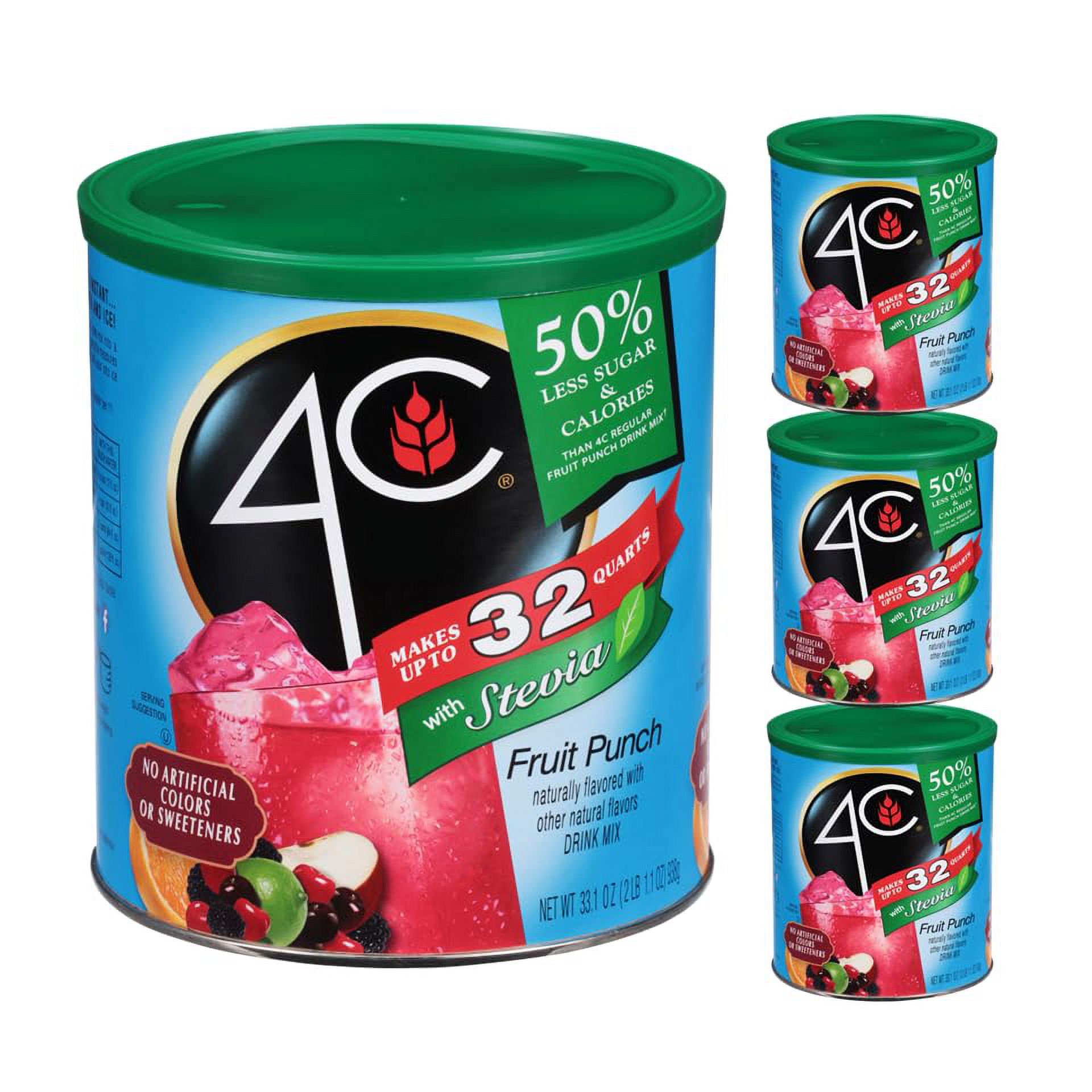 4C Reduced Sugar Powdered Drink Mix Canisters, Fruit Punch, 32 Quarts