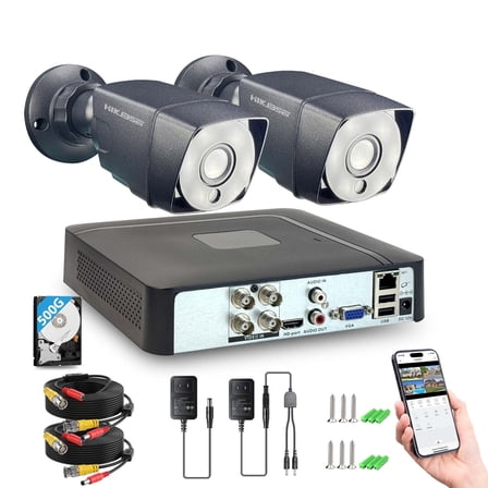 4CH 1080P Wired Security Camera System, CCTV DVR w/500GB HDD, 2 x Home Surveillance IP66 Waterproof Metal Security Cameras with Motion Detection, Remote Access, 24-7 Recording