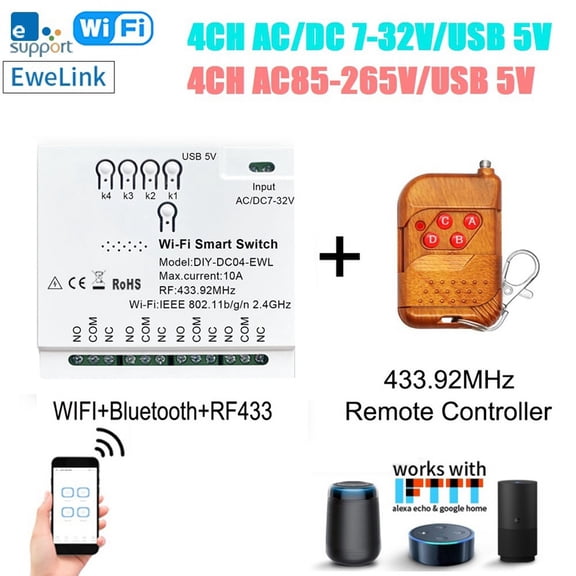 4CH WiFi Smart Switch+RF433 Remote 85-265V 2.4G WiFi Home Automation Module for IFTT Home,1 * Smart Switch 1 * RF433 Remote,White