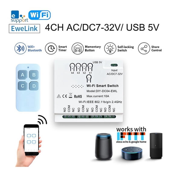 4CH WiFi Smart Switch+Remote 85-265V USB 5V 2.4G WiFi Home Automation Module for IFTT Alexa Home