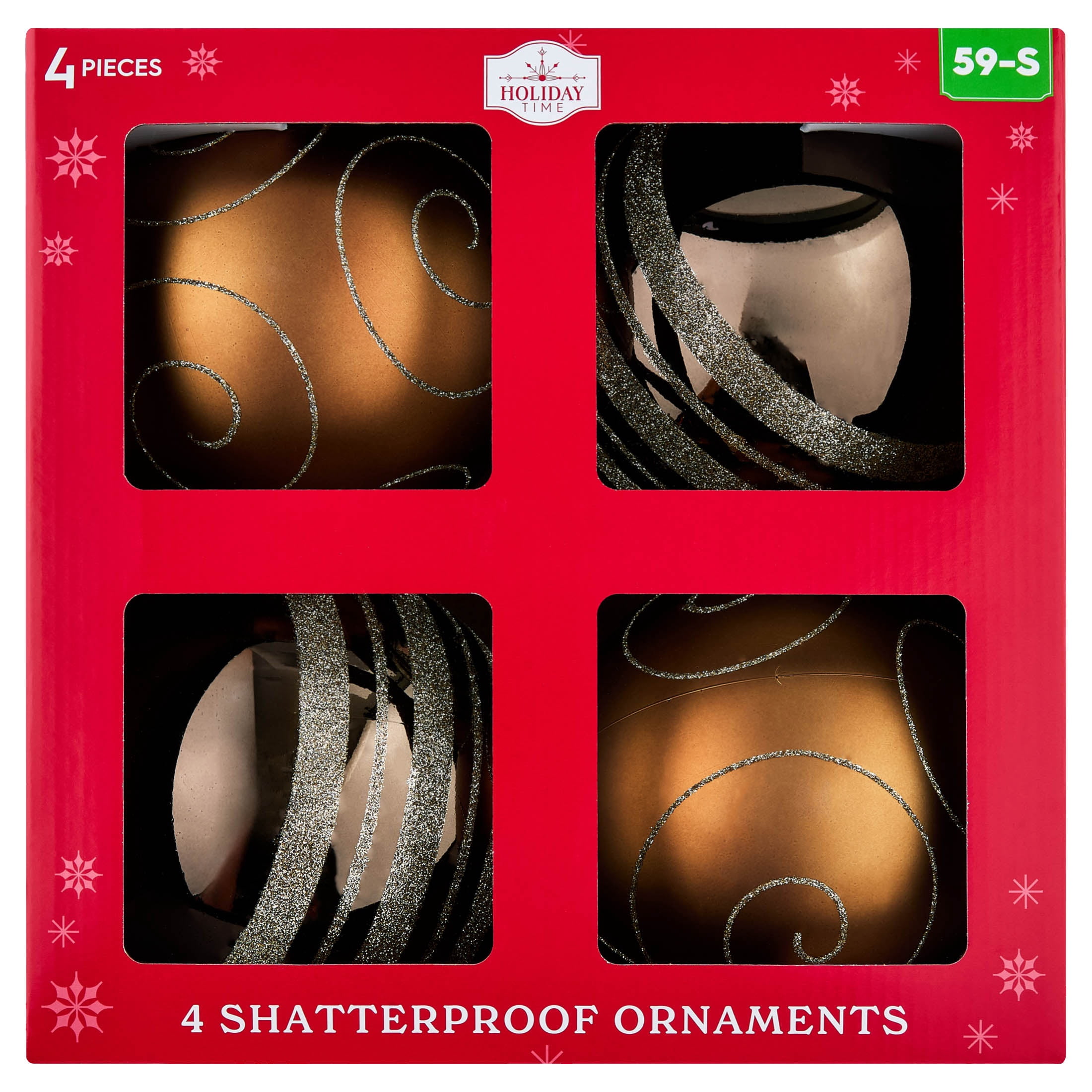 4-Count Bronze/Brown/Champagne Glitter Ball Shatterproof Christmas Ornaments, 6", by Holiday Time