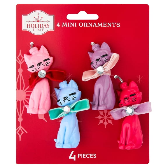 4-Count Multicolor Cat Mini Christmas Ornaments, 2.5", by Holiday Time