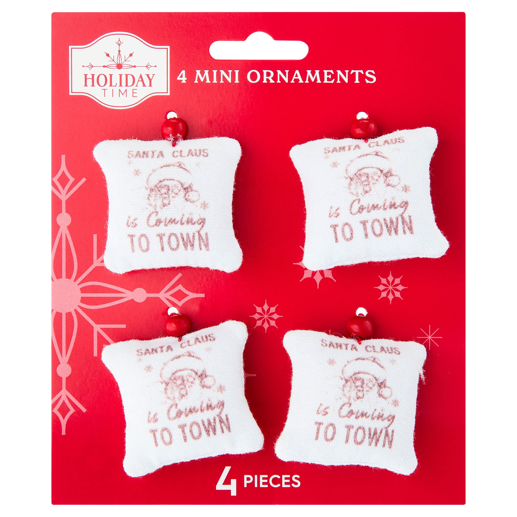 4-Count Red and White Santa is Coming to Town Pillow Mini Christmas Ornaments, 1.5", by Holiday Time