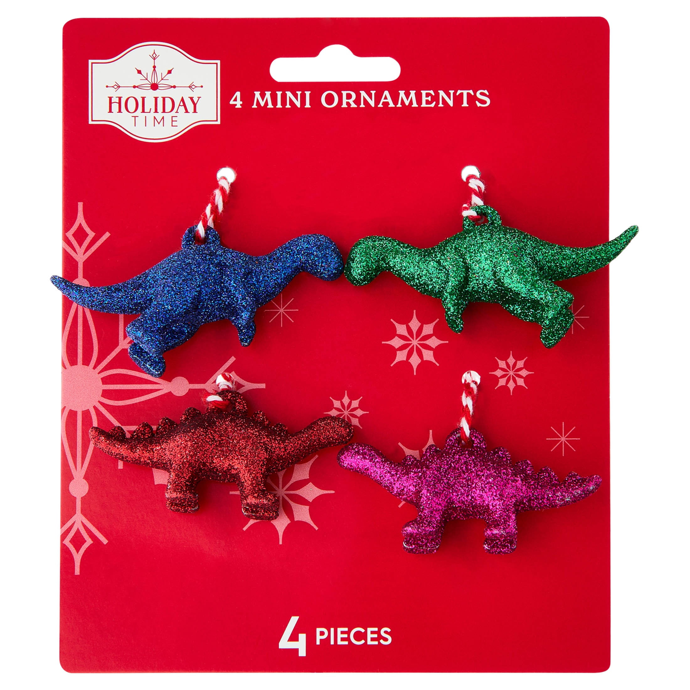 4-Count Multicolor Glitter Dinosaur Mini Christmas Ornaments, by Holiday Time