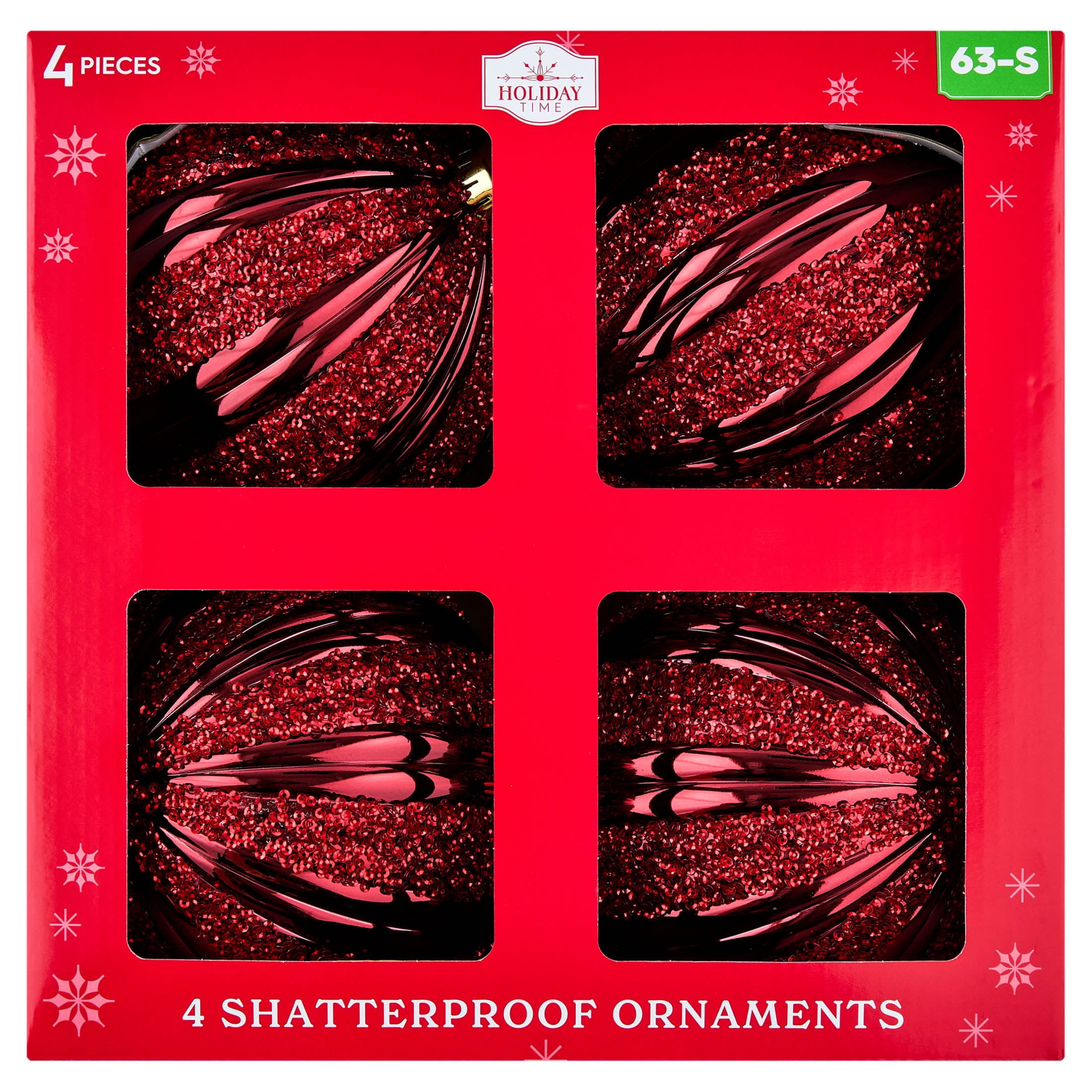 4-Count Dark Red Glitter Ribbed Shatterproof Christmas Ornaments, 7", by Holiday Time