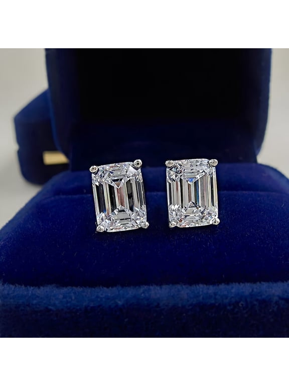 4CT Emerald Cut Lab Created Diamond Women's Stud Earring 14K White Gold Plated Silver