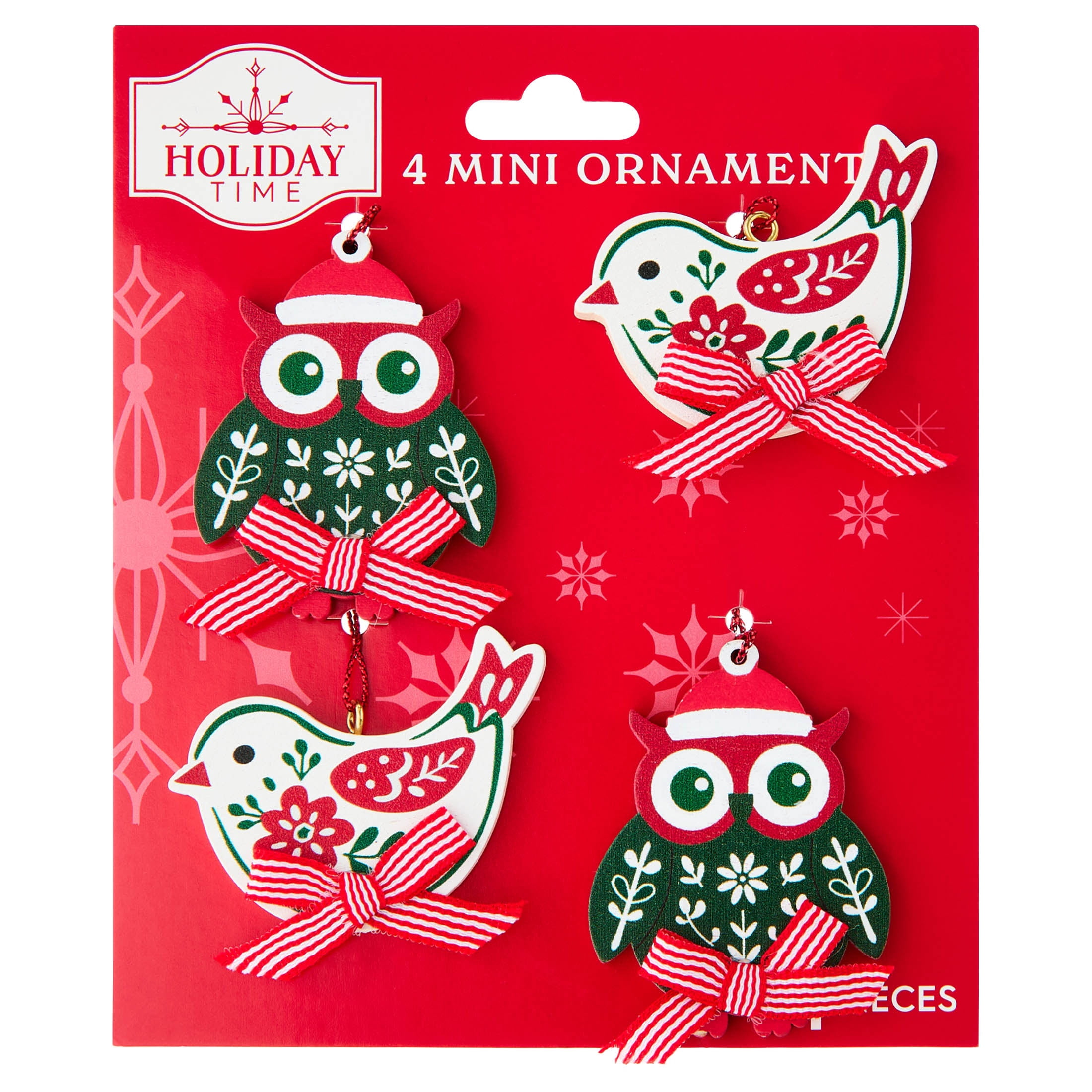 4-Count Red/White/Green Wood Owl and Dove Mini Christmas Ornaments, by Holiday Time