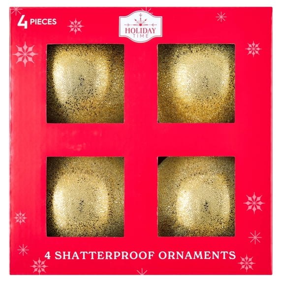 4-Count Gold Beaded Shatterproof Christmas Ornaments, 4", by Holiday Time