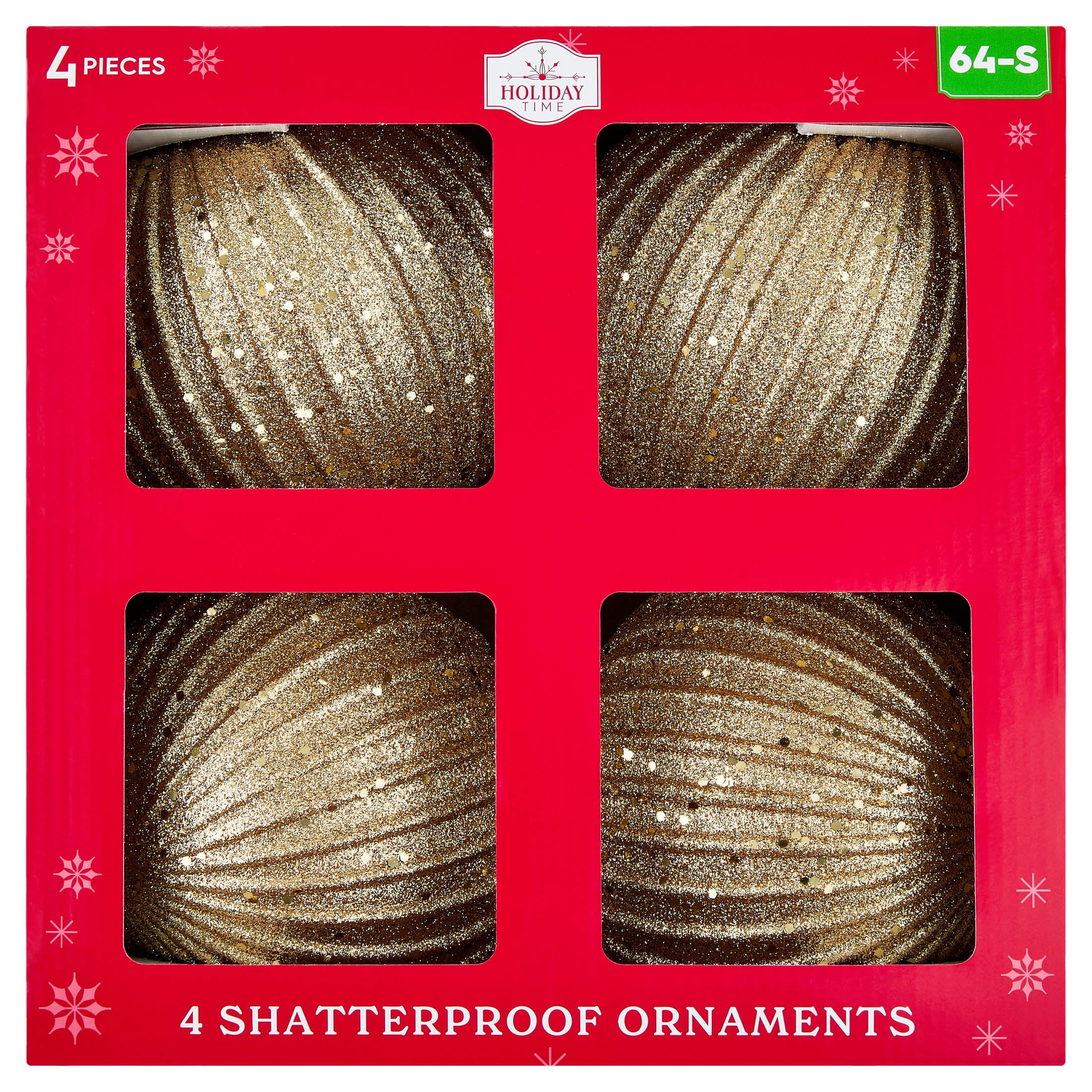 4-Count Gold Glitter Ribbed Shatterproof Christmas Ornaments, 6", by Holiday Time