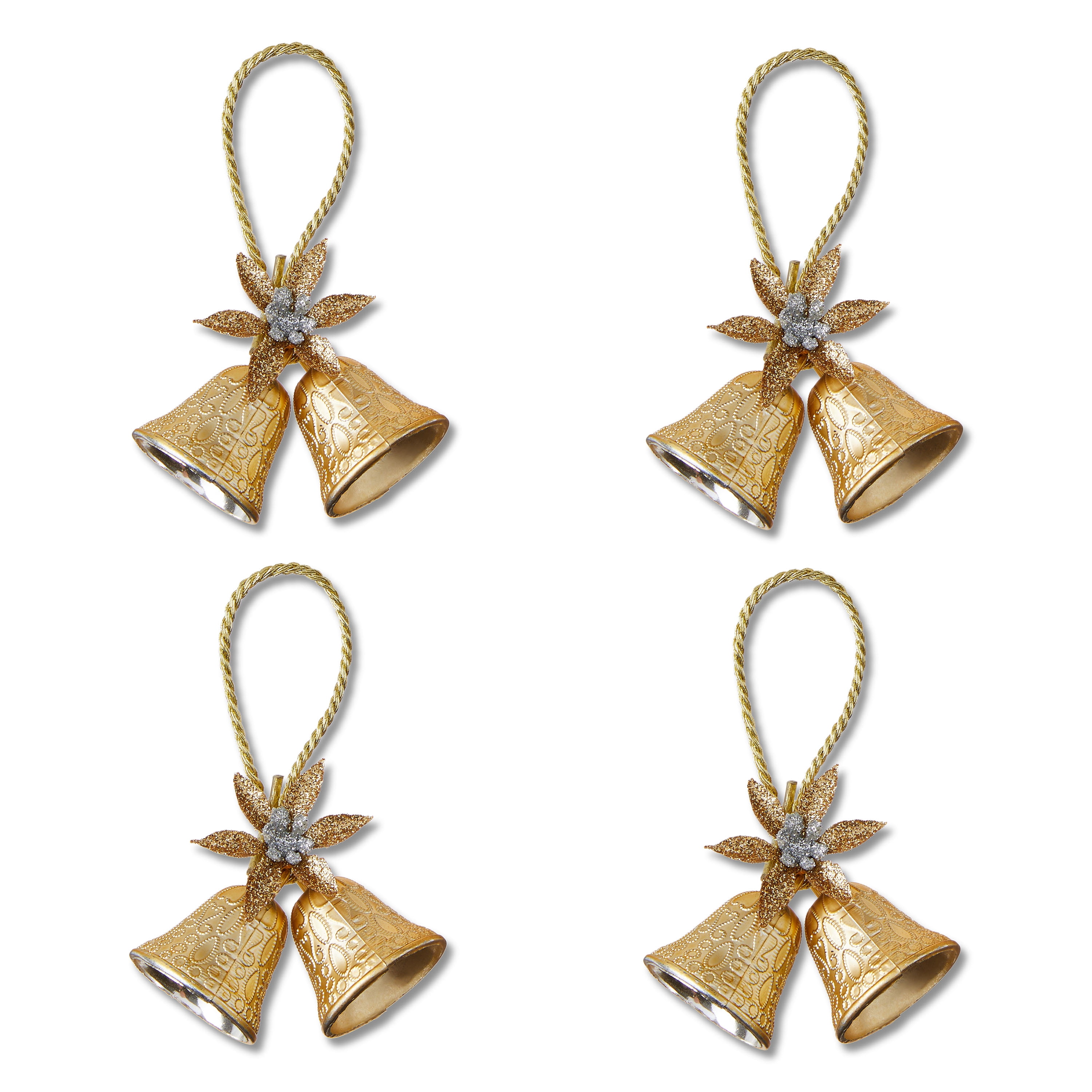 Gold Embossed Mini Double Bell with Poinsettia Christmas Ornament, 4 Count, by Holiday Time