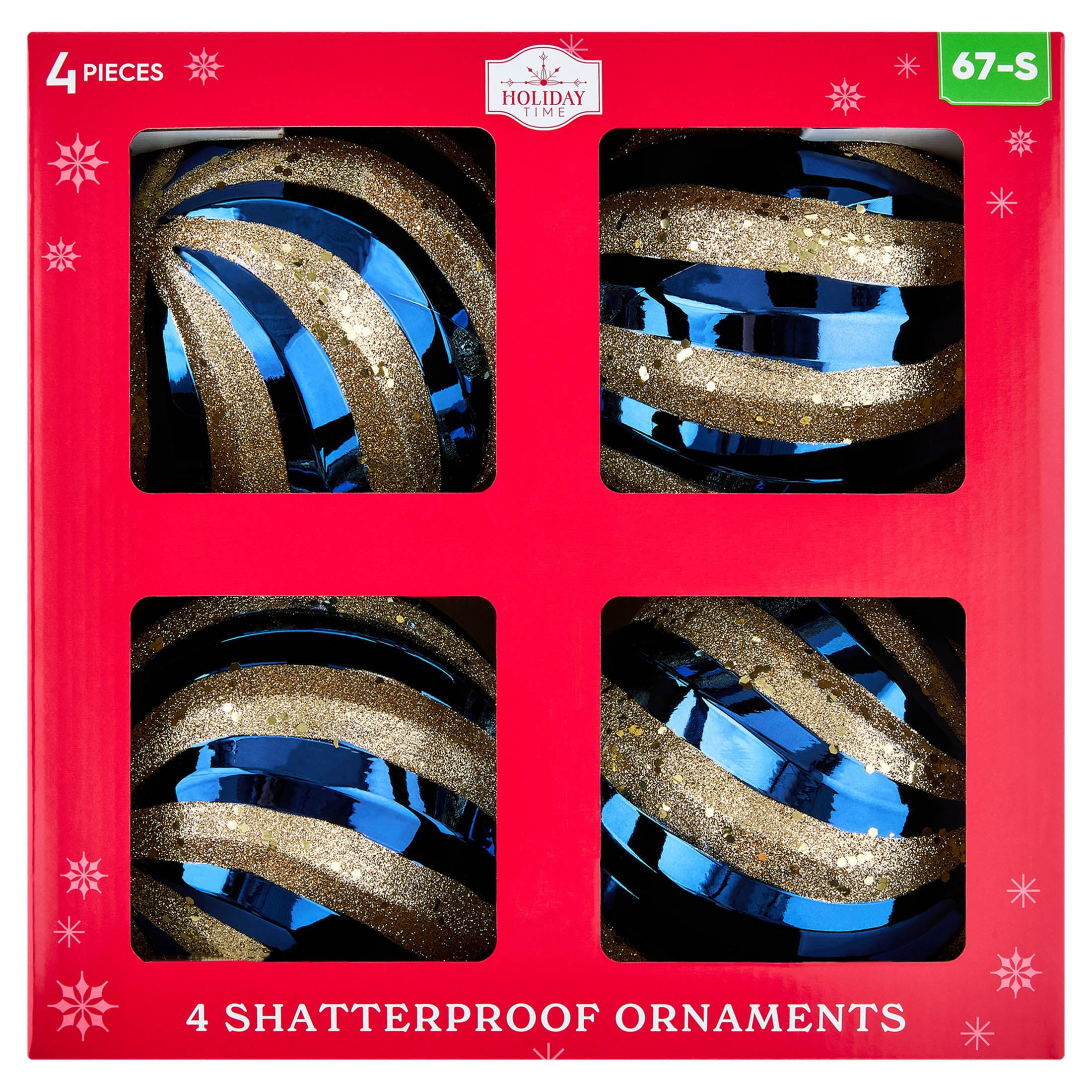 4-Count Blue and Gold Glitter Swirl Shatterproof Christmas Ornaments, 6.5", by Holiday Time