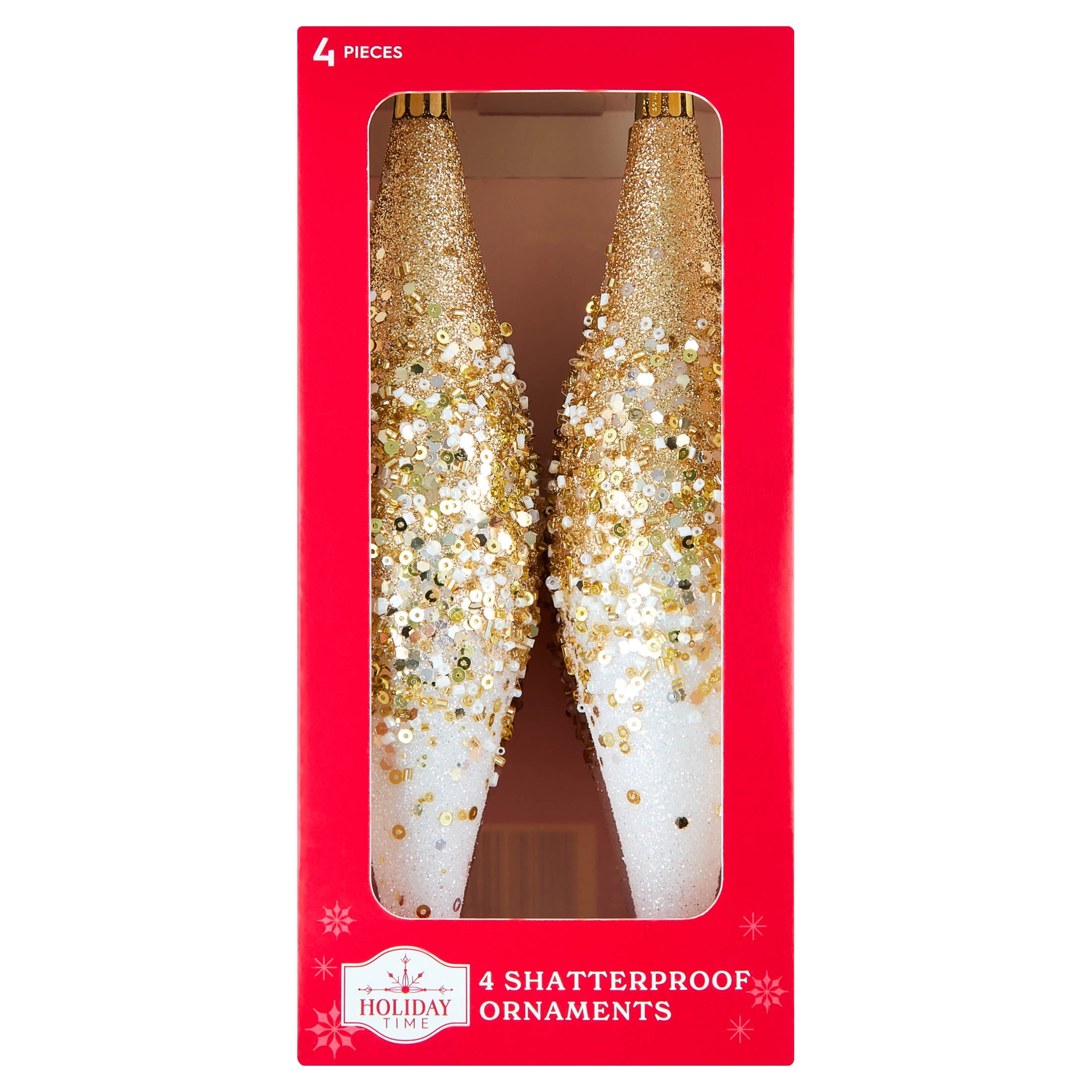 4-Count White and Gold Glitter Ombre Finial Shatterproof Christmas Ornaments, 8.3", by Holiday Time