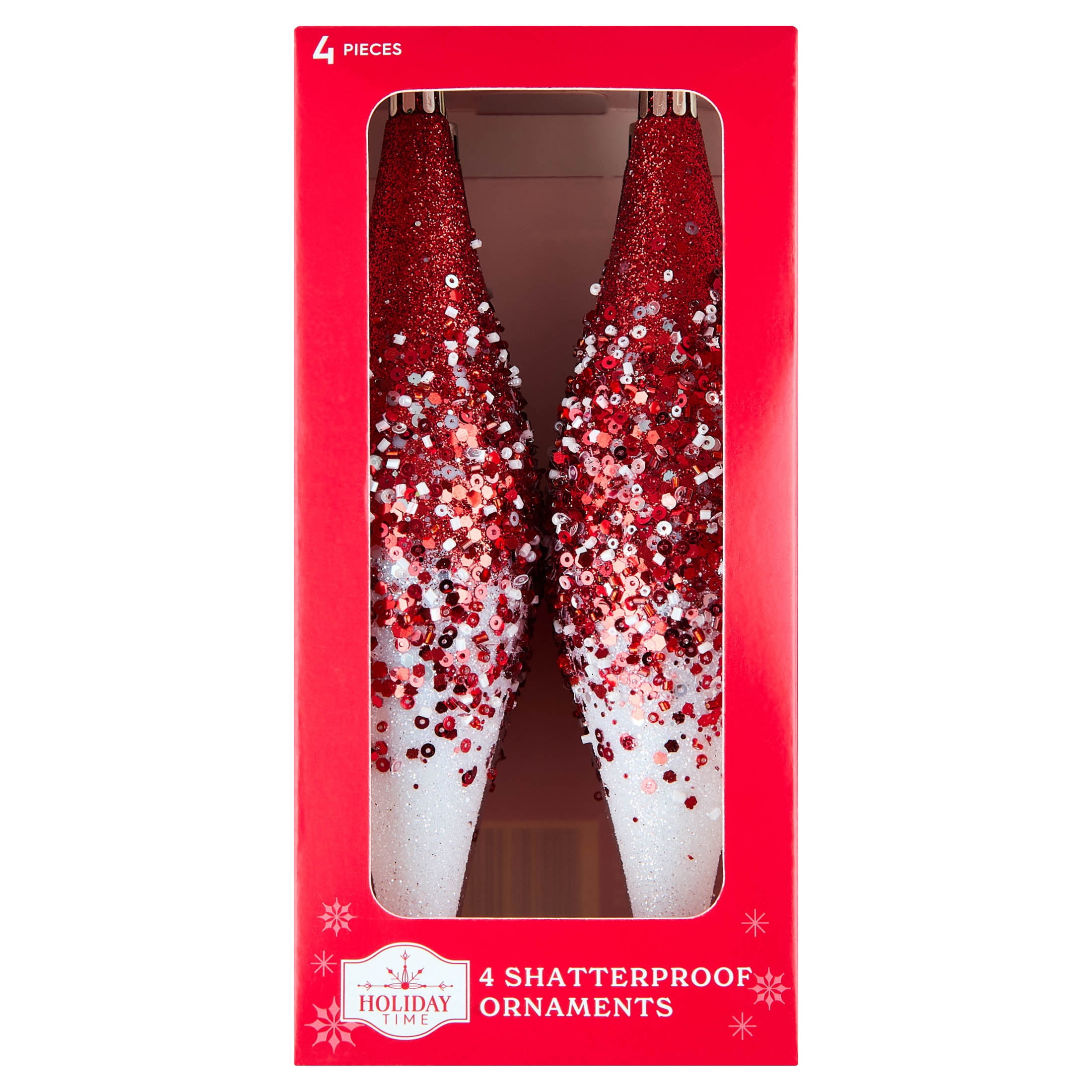 4-Count Red and White Glitter Ombre Finial Shatterproof Christmas Ornaments, 8.35", by Holiday Time