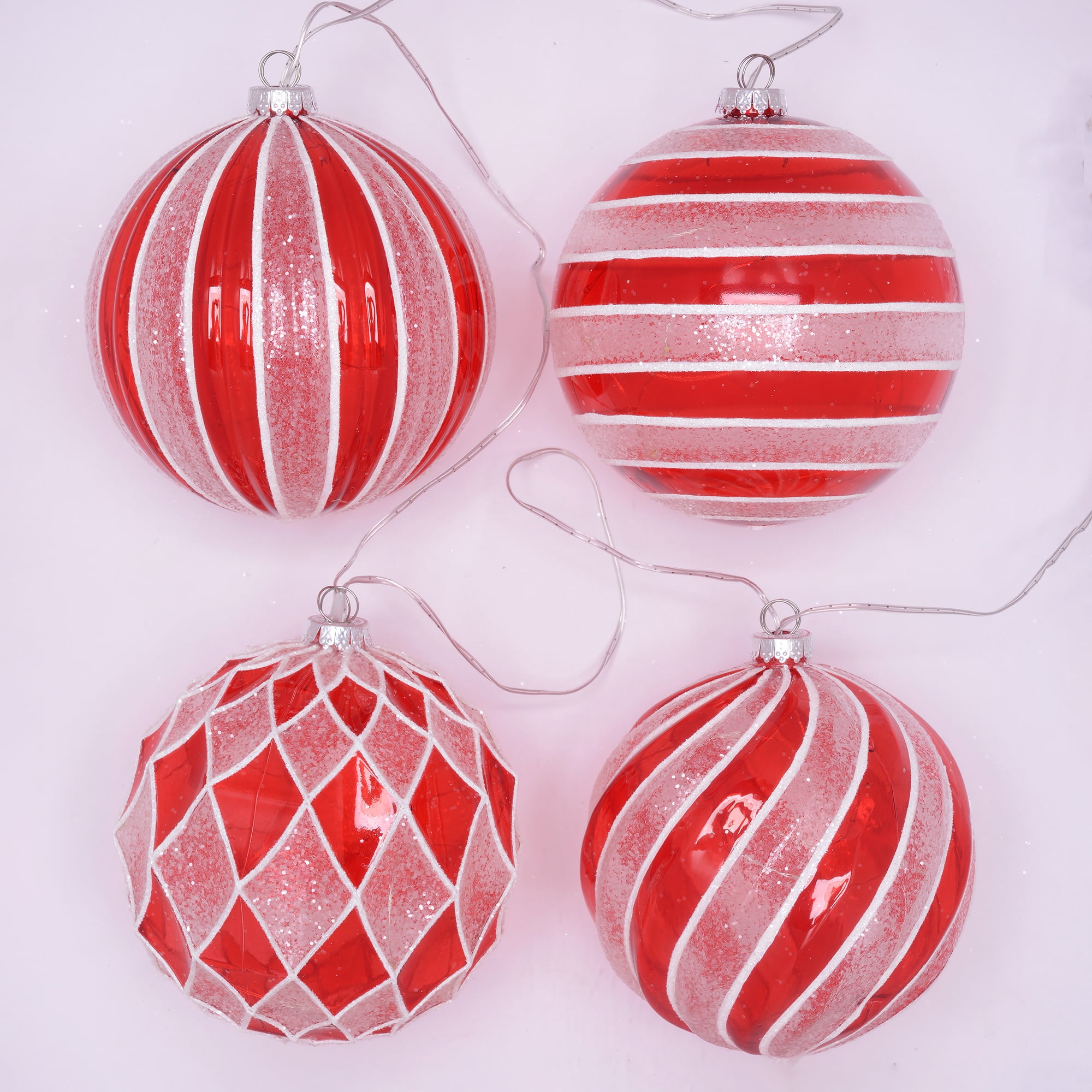 Indoor/Outdoor Red and White Battery-Operated LED Shatterproof Ball Christmas Ornaments, 4 Count, by Holiday Time