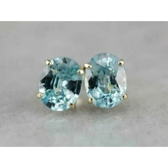 4CT Oval Cut Lab Created Aquamarine Solitaire Stud Earrings 14K Gold Finish
