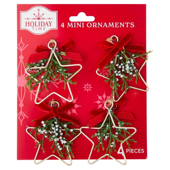 4-Count Multicolor Wire Star with Greenery Mini Christmas Ornaments, 2.5", by Holiday Time